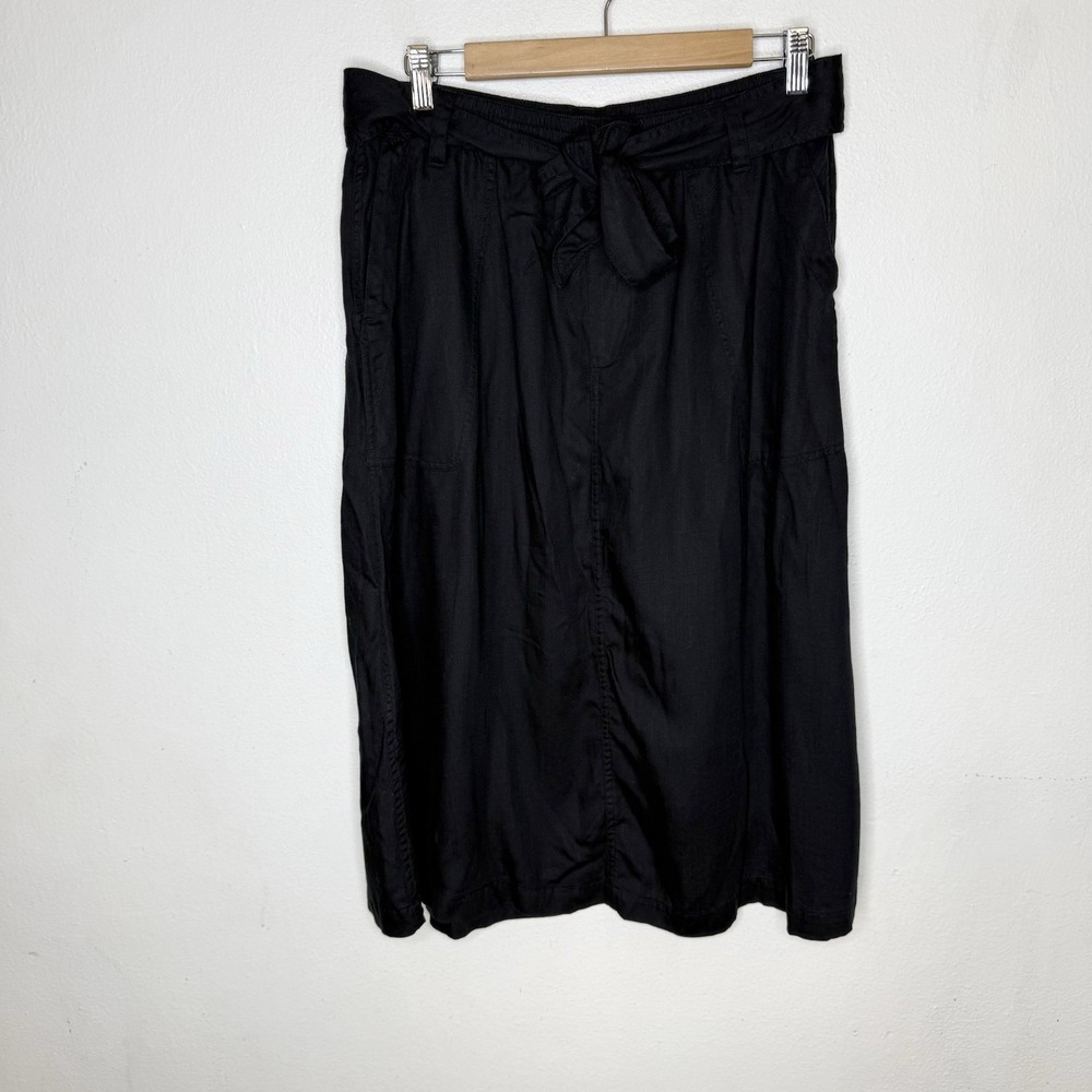 Lands End Black Lyocell Midi Skirt Elastic Waist Tie Women's Medium 10-12